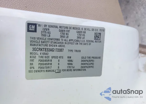 2010 Chevrolet Silverado K1500 Ltz z USA, uszkodzony, nr VIN 3GCRKTE33AG172087